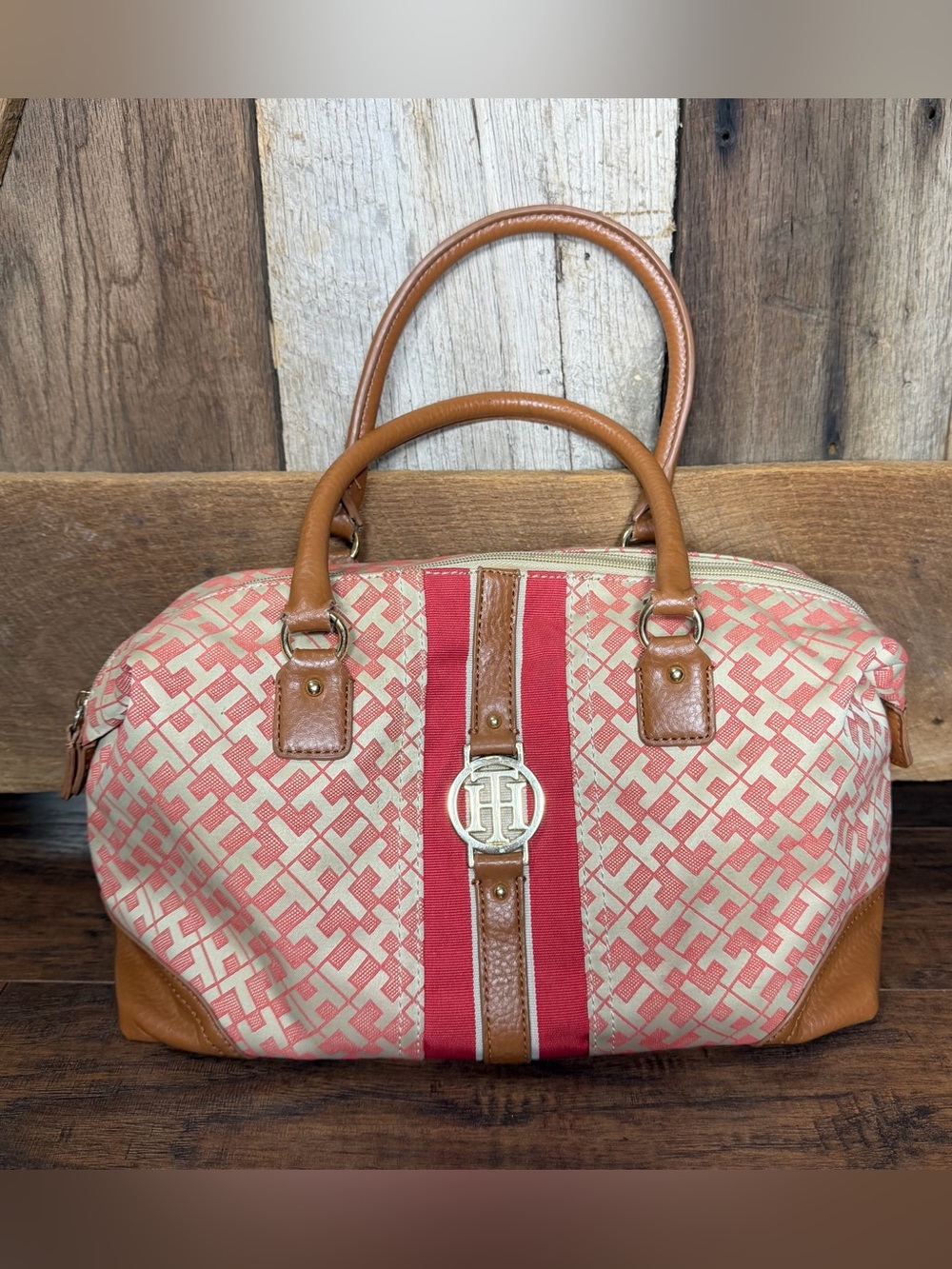 Tommy Hilfiger Jaden Satchel Canvas with Brown Leather Trim and Stripe